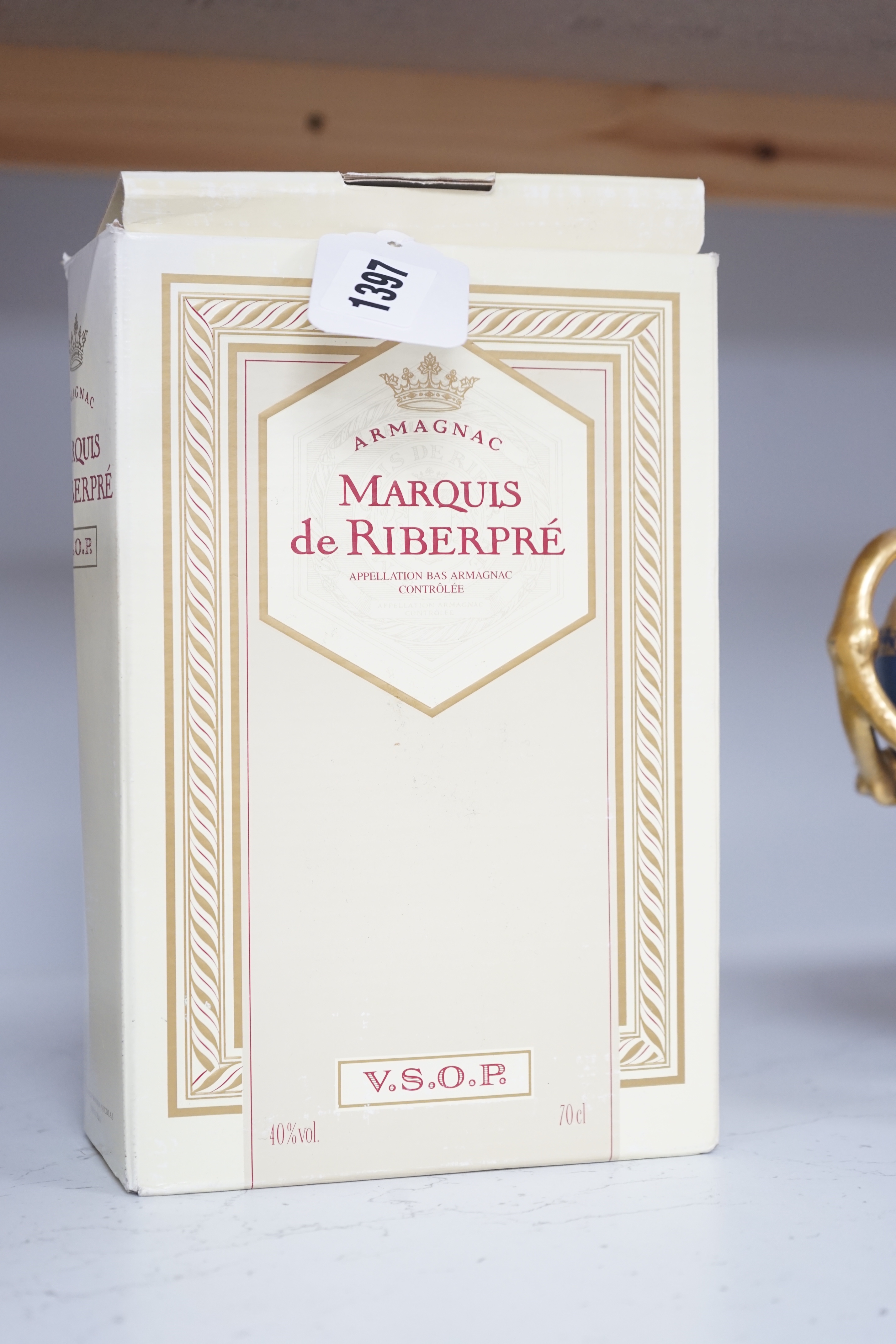 A bottle of Marquis de Riberpre V.S.O.P. Armagnac, boxed